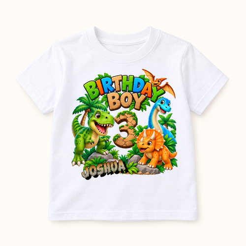 Personalizuoti berniuko gimtadienio marškinėliai su dinozaurais